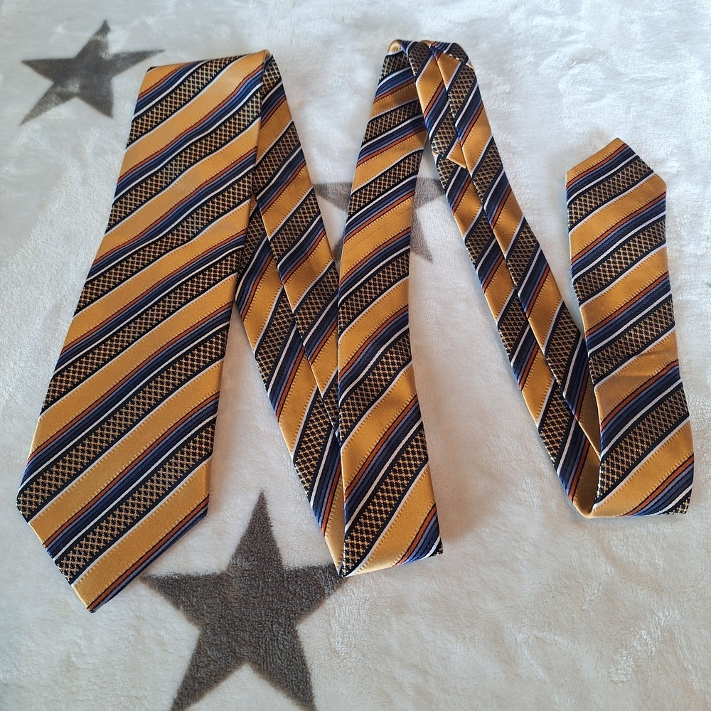 J.Z. Richards Tie Mens Silk Striped Hand Made USA Classic Necktie Blue Gold